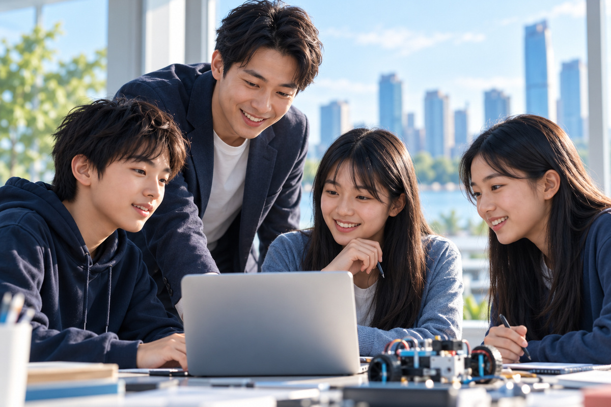 A technology mentor and three young students working collaboratively around a laptop and robotics prototype in a modern lab overlooking Victoria Harbour.