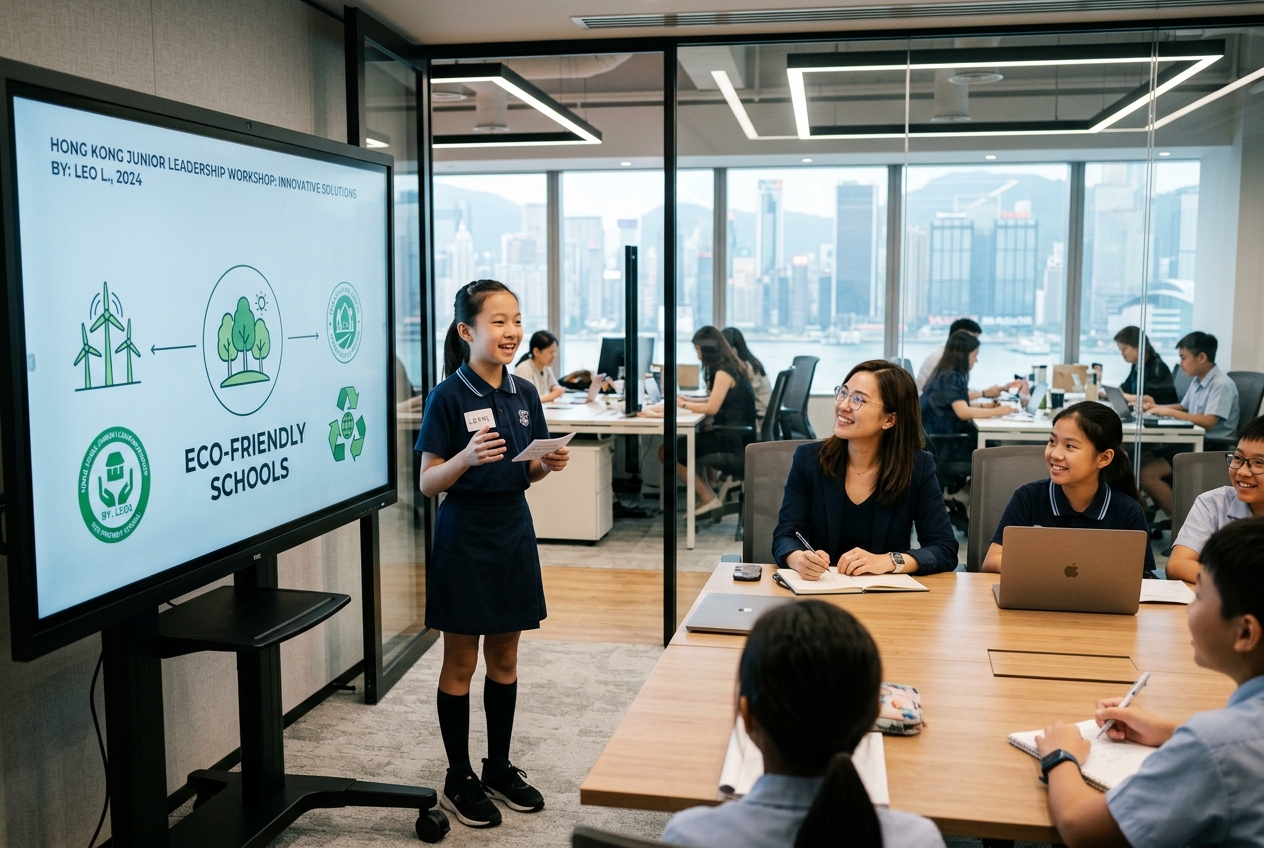 Young school student presenting innovative project solutions on a digital screen to mentors and peers in a modern corporate boardroom.