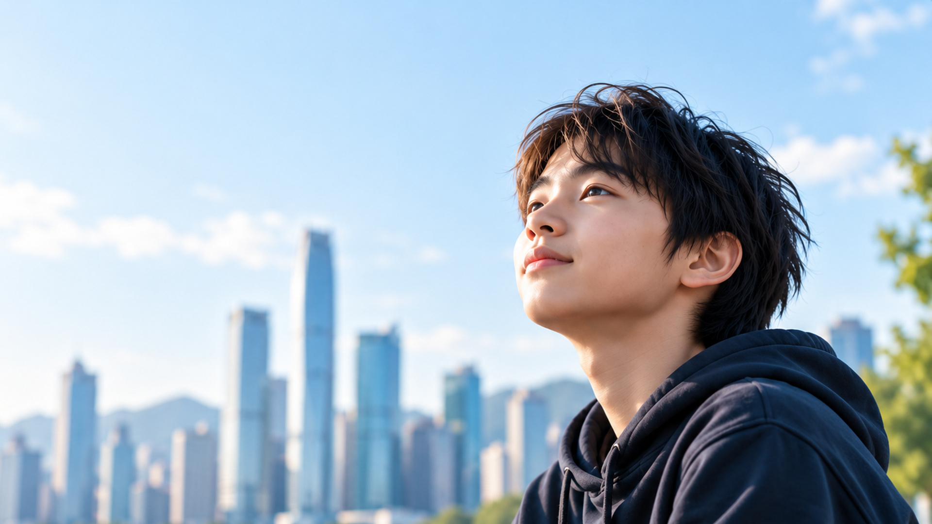 Young Hong Kong learner looking upward with hopeful ambition against the sunlit Victoria Harbour skyline.