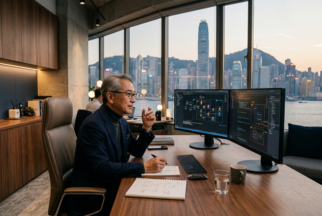 Senior technology specialist analyzing enterprise software architecture and workflow diagrams at a sleek dual-monitor workstation.