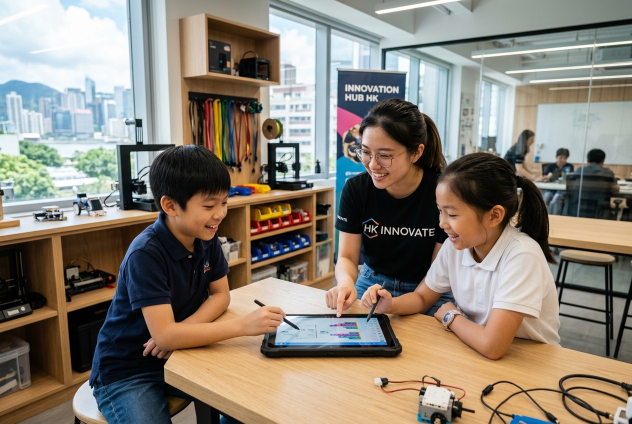 Young school students and an encouraging mentor working collaboratively on tablet applications in a modern tech learning lab.