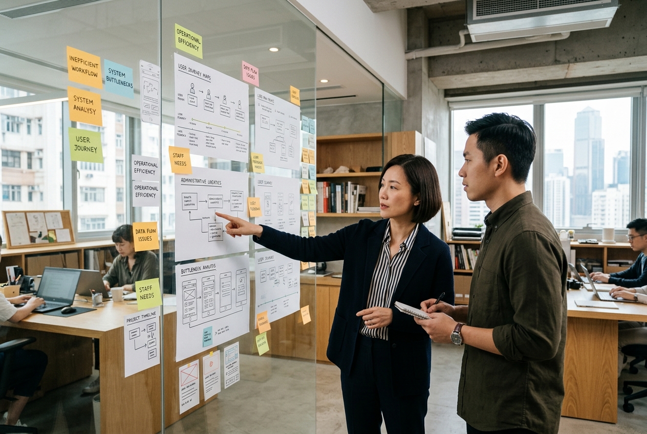 Professional digital design studio glass planning wall with user journey mapping and operational workflow notes.