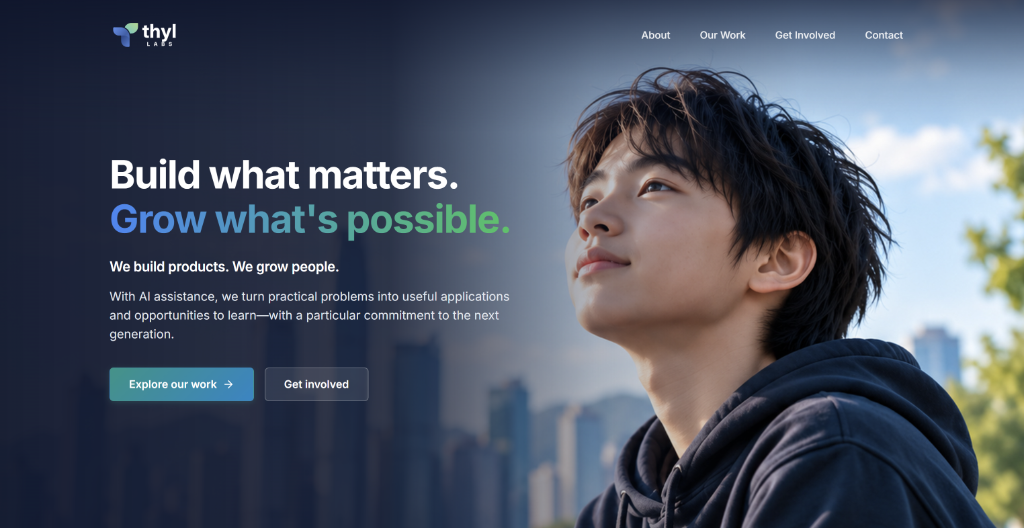 thyl Labs corporate website hero background showing floating navbar and brand interface